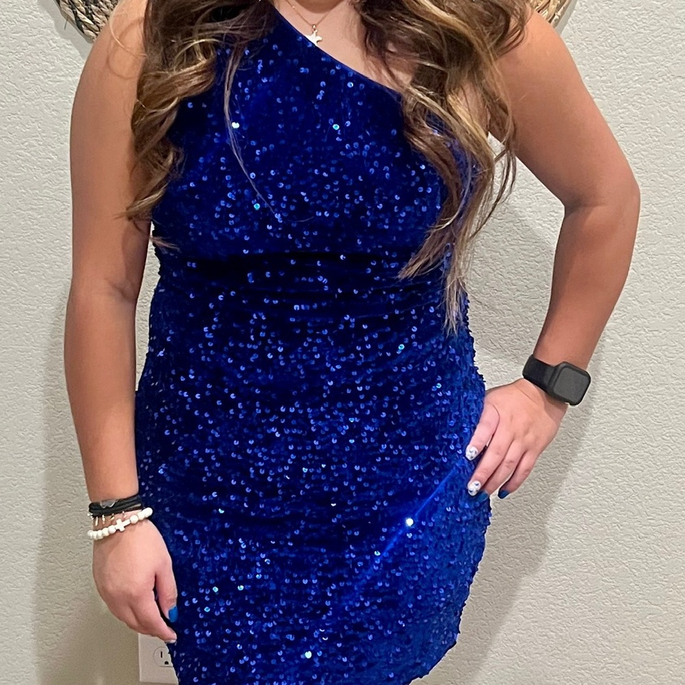 SHEIN One Shoulder Royal Blue Sequin Dress